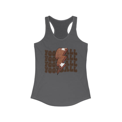 Stacked Football with a Cowhide Lightning bolt Women's Racerback Tank Top, Perfect for Game Day, Sports Events, Tailgating, and Everyday Wear