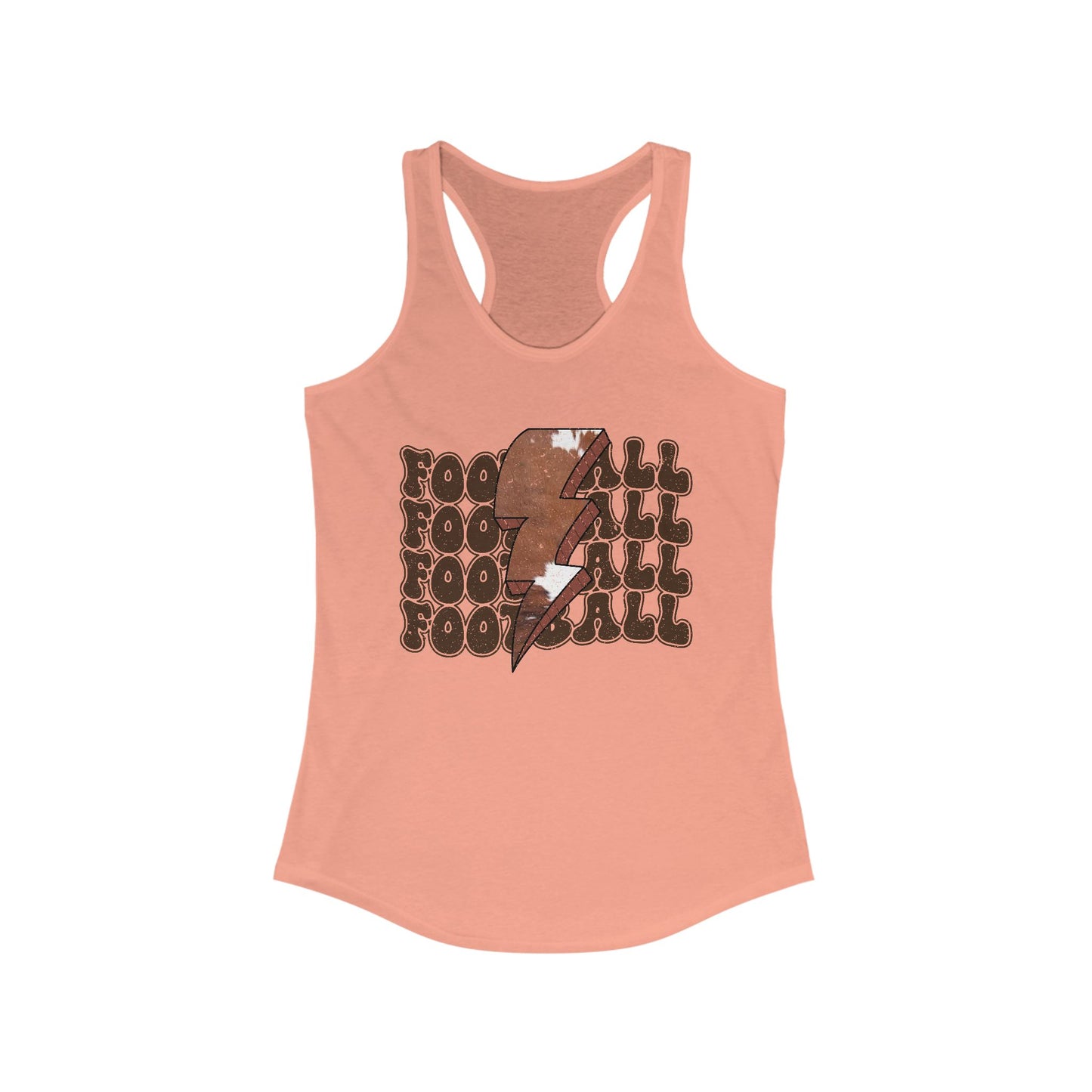 Stacked Football with a Cowhide Lightning bolt Women's Racerback Tank Top, Perfect for Game Day, Sports Events, Tailgating, and Everyday Wear
