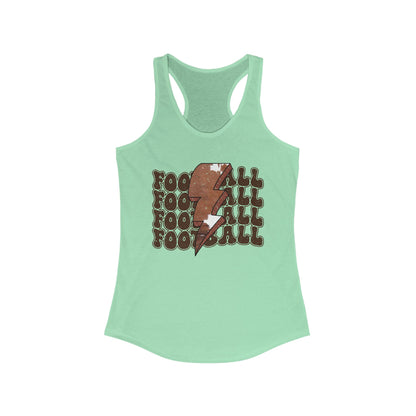 Stacked Football with a Cowhide Lightning bolt Women's Racerback Tank Top, Perfect for Game Day, Sports Events, Tailgating, and Everyday Wear