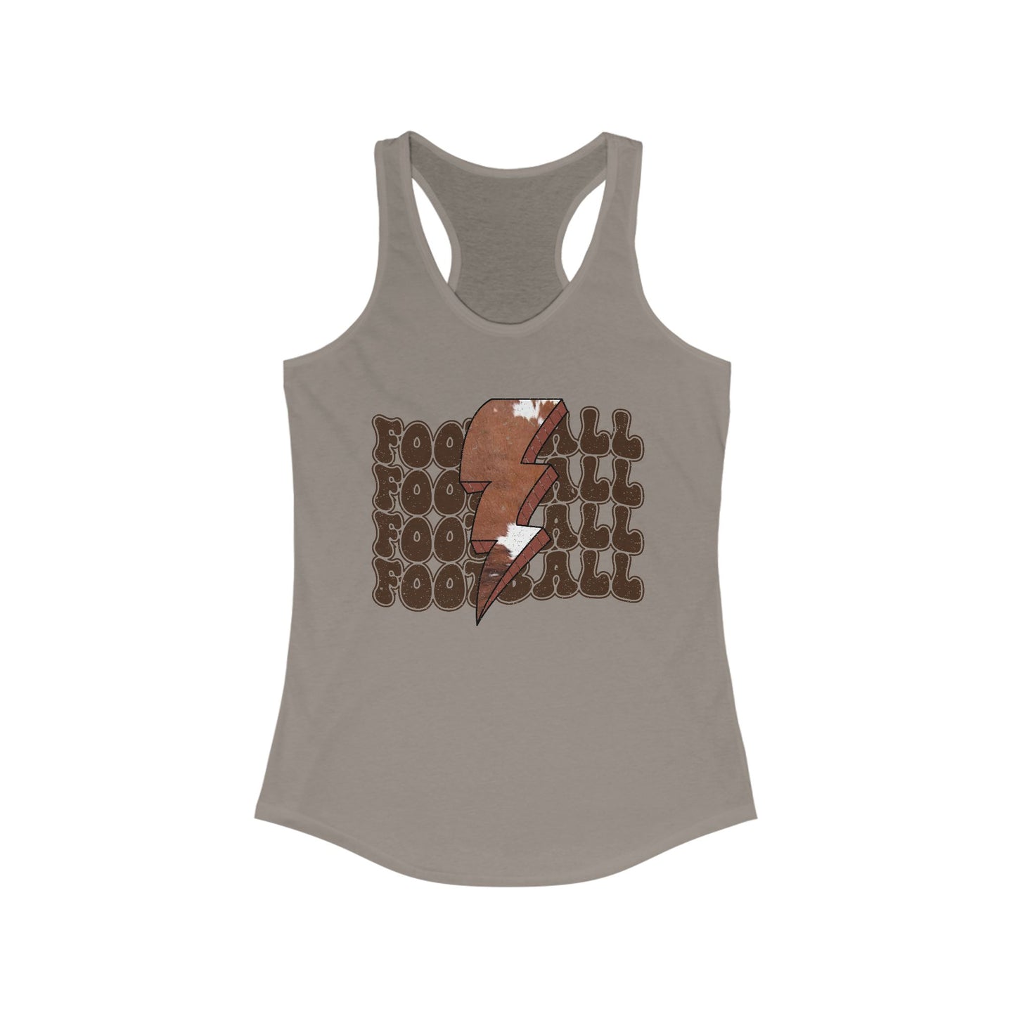 Stacked Football with a Cowhide Lightning bolt Women's Racerback Tank Top, Perfect for Game Day, Sports Events, Tailgating, and Everyday Wear