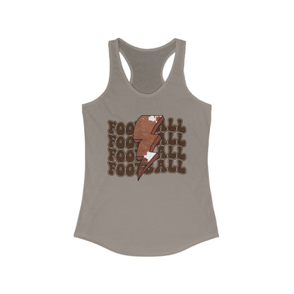 Stacked Football with a Cowhide Lightning bolt Women's Racerback Tank Top, Perfect for Game Day, Sports Events, Tailgating, and Everyday Wear
