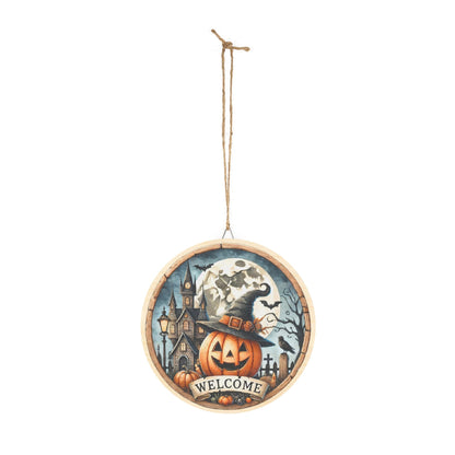 Halloween Welcome wooden door sign, mantle, entry table, decor, Pumpkin and haunted house