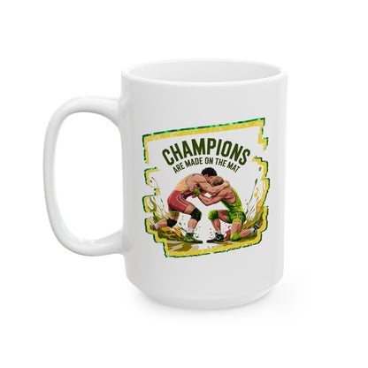 Green and Gold, Wrestling Design on a Ceramic Mug with Fun Design