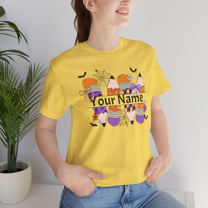 Personalized Halloween School Pencil with your name design, on a bella canvas shirt