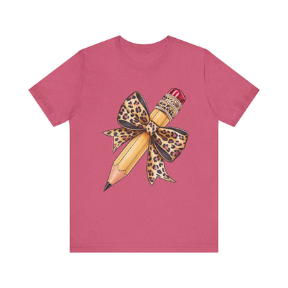 Leopard Bow Pencil Tee - Cute Teacher Gift, Back to School Outfit, Art Lover Shirt, Classroom Apparel, Fun Educational Shirt