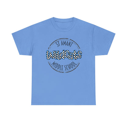 SAMS Wildcats with a black checkered style, Whimsical on a Unisex Tshirt, St Amant Middle School