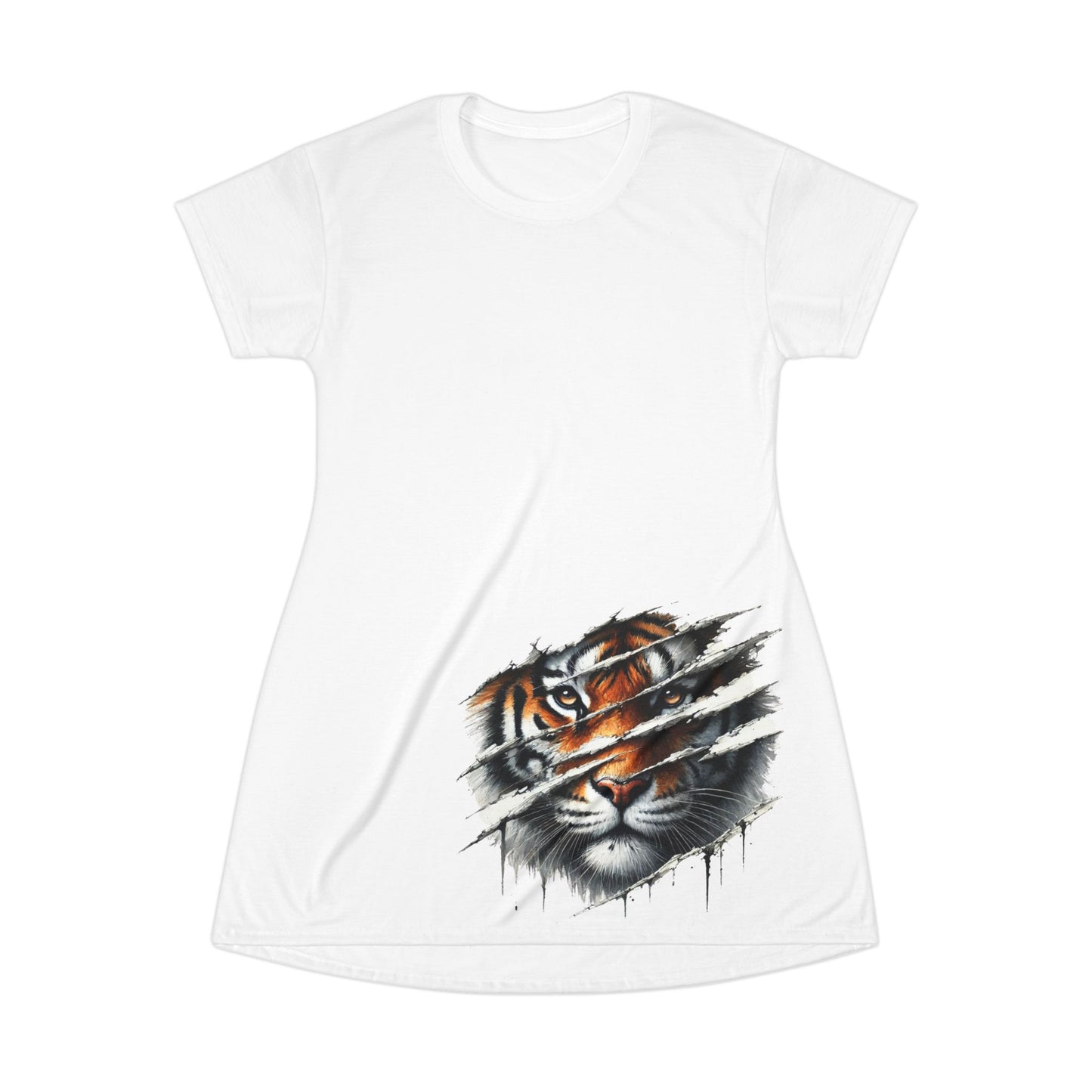 White, Tiger Head with Claw Marks T-Shirt Dress - Stylish Casual Wear for Parties, Birthdays, or Everyday Outfits, Comfortable and Fashionable