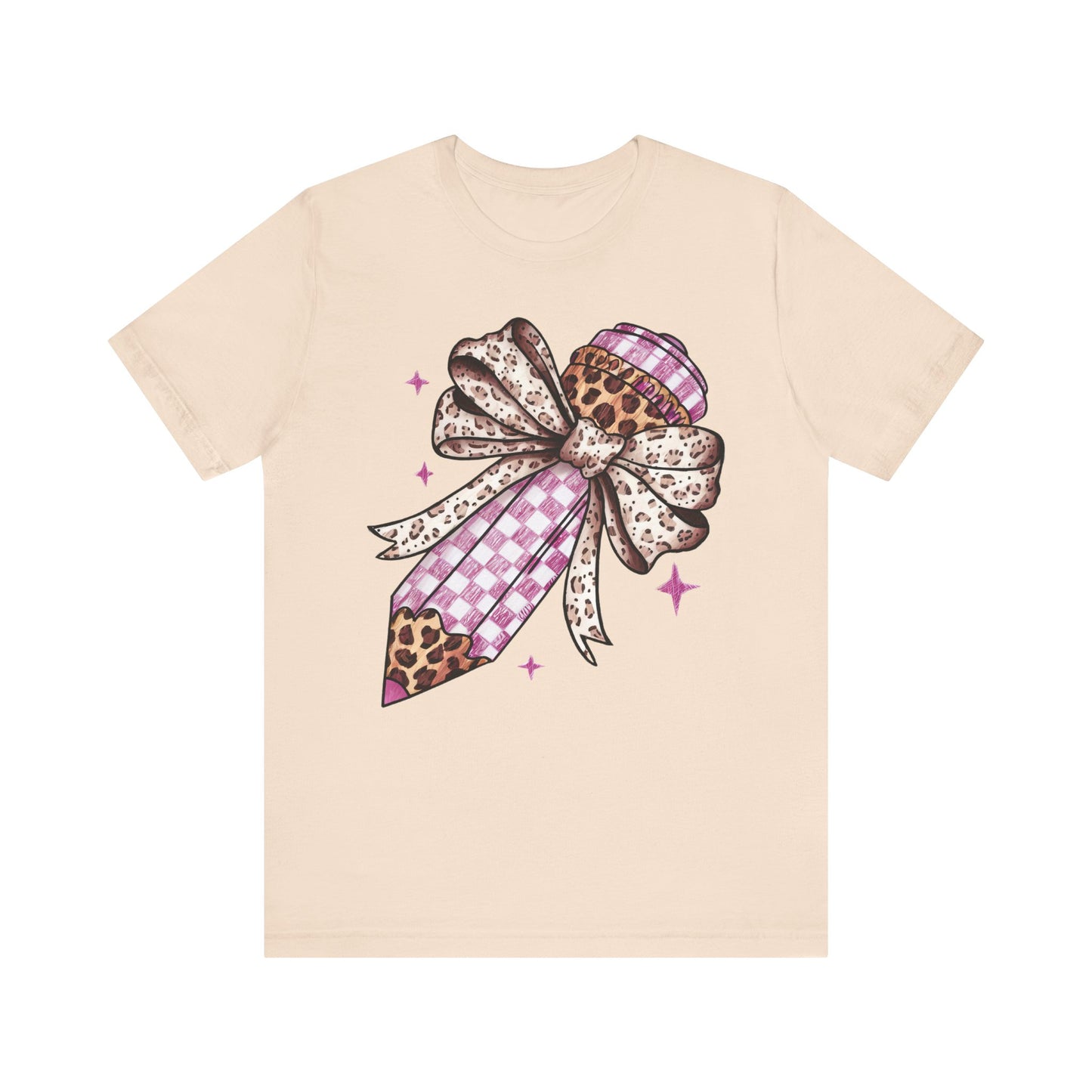 Leopard and pink checkered Bow Pencil Tee - Cute Teacher Gift, Back to School Outfit, Art Lover Shirt, Classroom Apparel, Fun Educational Shirt