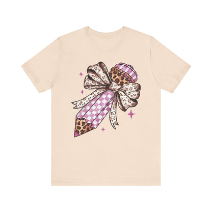 Leopard and pink checkered Bow Pencil Tee - Cute Teacher Gift, Back to School Outfit, Art Lover Shirt, Classroom Apparel, Fun Educational Shirt