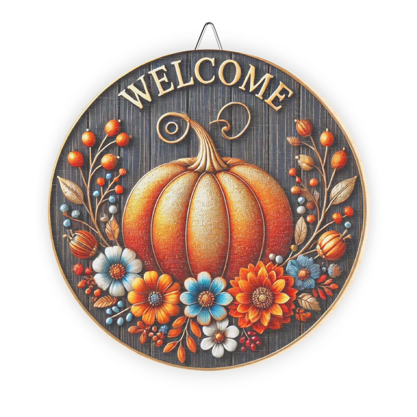Fall, Welcome Wooden door sign, home decor, entry way, mantle decor, 3d looking pumpkin and flowers