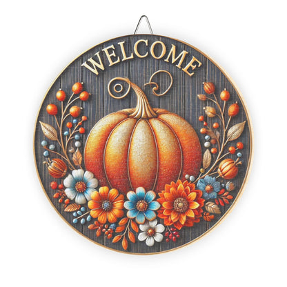 Fall, Welcome Wooden door sign, home decor, entry way, mantle decor, 3d looking pumpkin and flowers