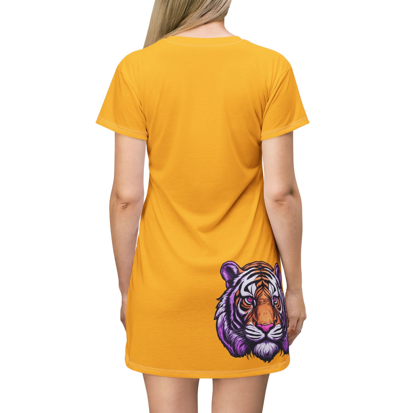 Yellow Tiger Graphic T-Shirt Dress, Cute Casual Dress,  Summer Fashion, Gift for Her, Game Day Outfit