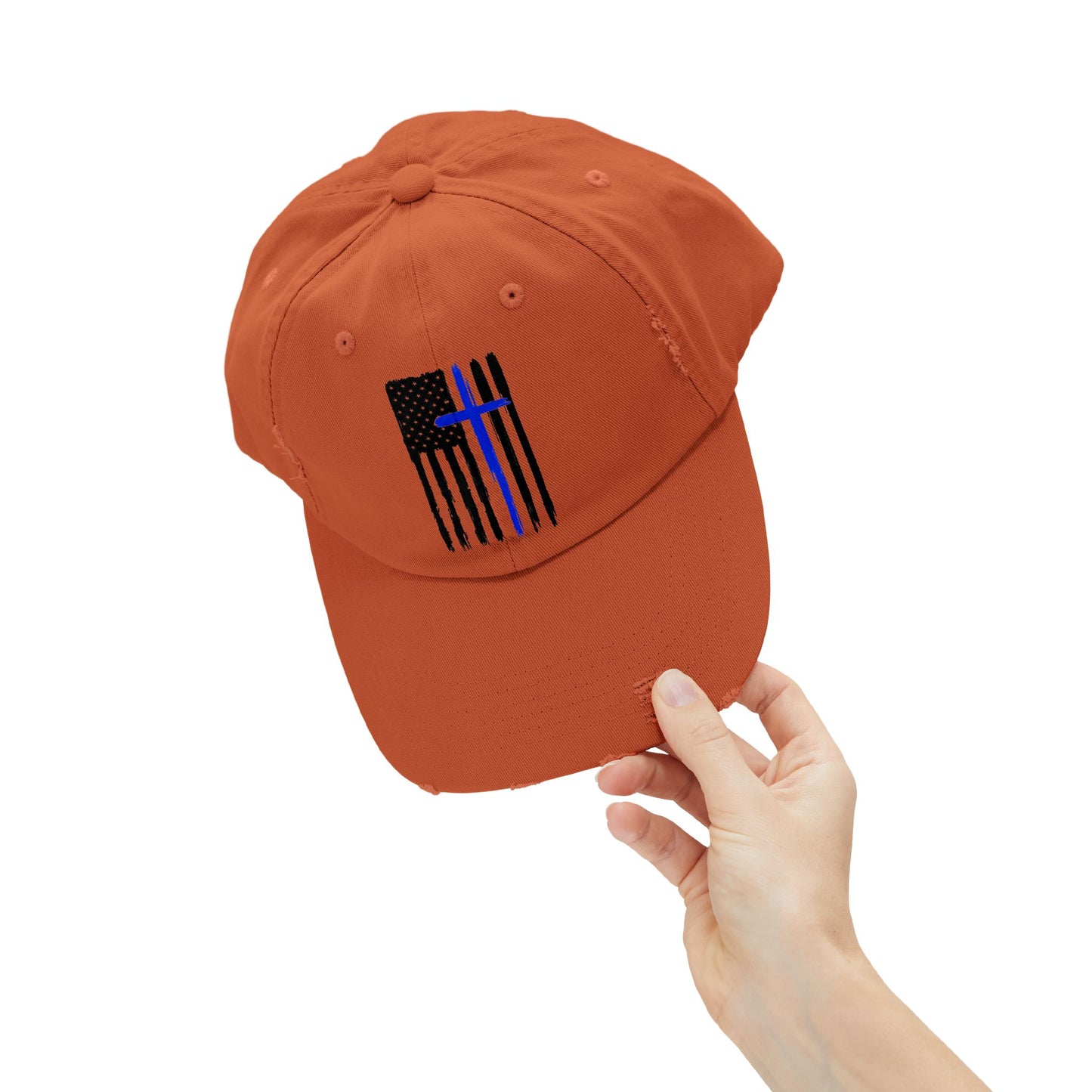 Thin Blue Line, Cross, Flag, Unisex Distressed Cap, Funny Hat, Casual Gift, Everyday Wear, Cool Accessory, Adjustable Cap