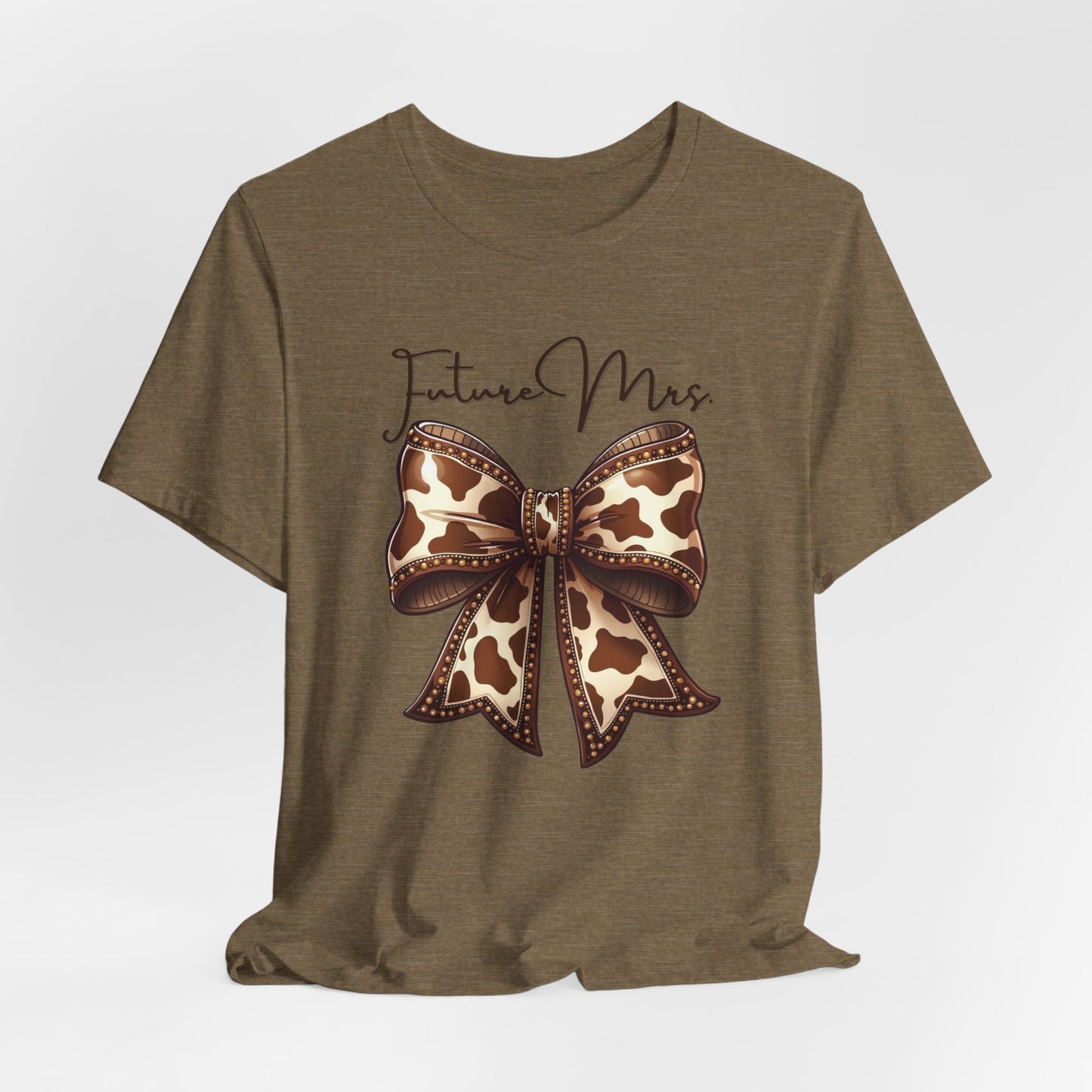 Personalized Future Mrs. Bride Cow Print Bow Short Sleeve Tee, Casual Top, Western Style Shirt, Country Chic T-Shirt, Birthday Gift, Everyday Wear