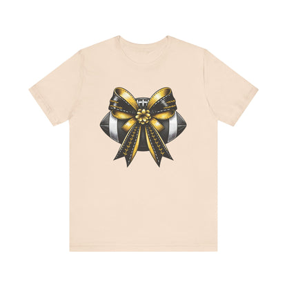 Football Bow Unisex Tee | Sporty Style Tee, Game Day T-Shirt, Casual Wear, Athletic Gift, Fan Apparel, Black and Gold, Saints