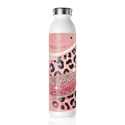 Pink Glitter Leopard Slim Water Bottle, Trendy Stainless Steel, Reusable Drink Container, Great for Gym, School, Office