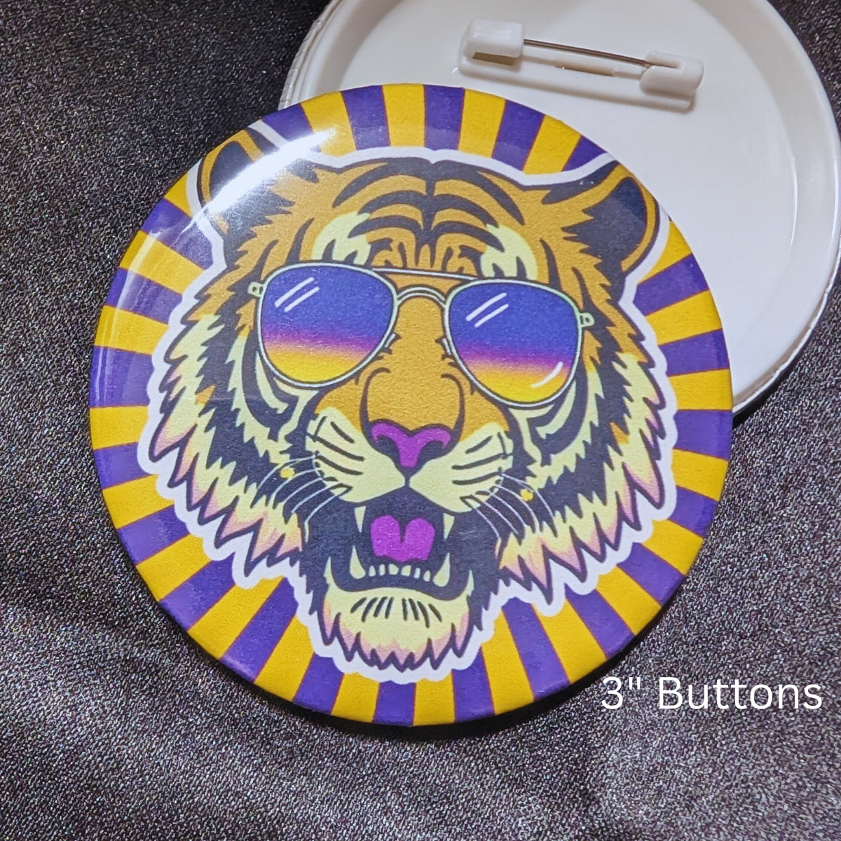 Cool Tiger with sunglasses, retro, purple and gold  3" Buttons, Pin