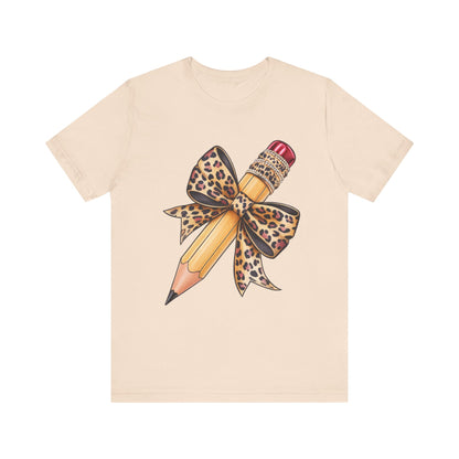 Leopard Bow Pencil Tee - Cute Teacher Gift, Back to School Outfit, Art Lover Shirt, Classroom Apparel, Fun Educational Shirt