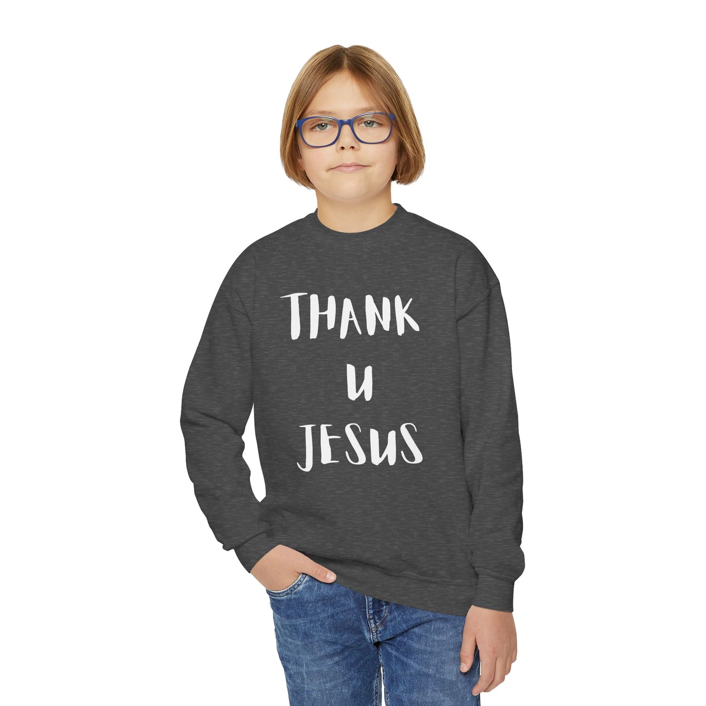 Youth Crewneck Sweatshirt - Thank U Jesus, Faithful Crewneck, Christian Youth Apparel, Inspirational Gift, Bible Verse Sweatshirt
