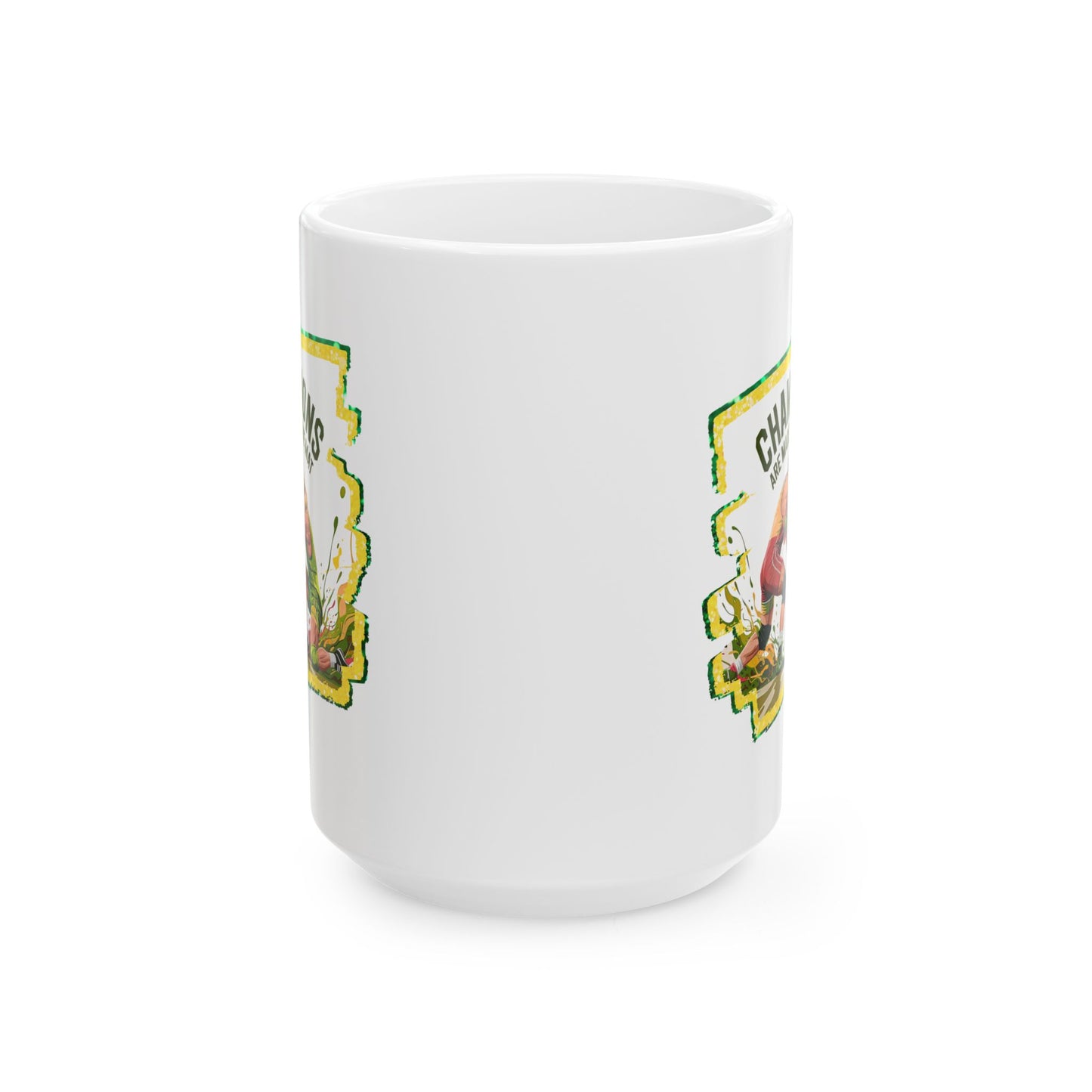 Green and Gold, Wrestling Design on a Ceramic Mug with Fun Design