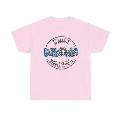 SAMS Wildcats with a black checkered style, Whimsical on a Unisex Tshirt, St Amant Middle School