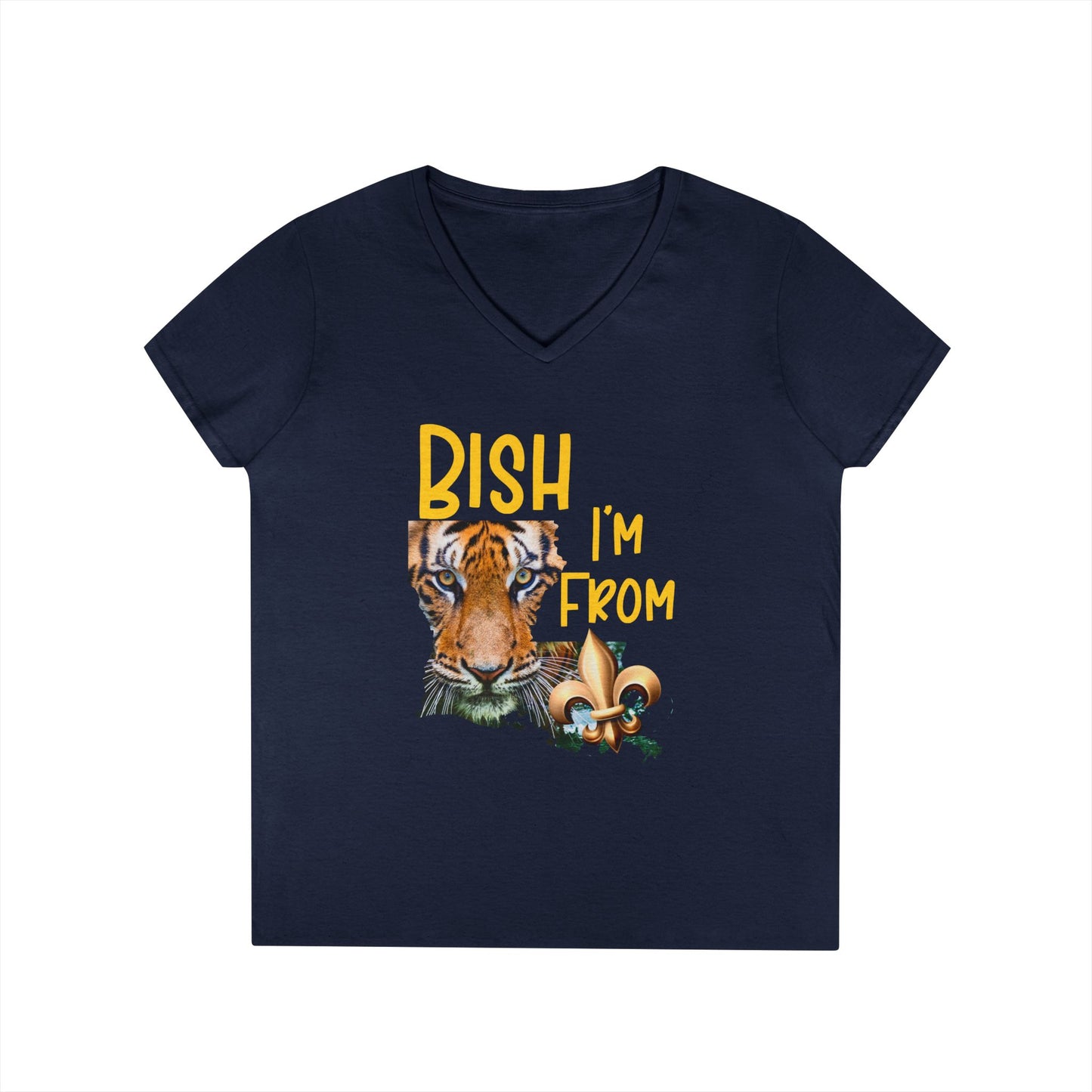 Vibrant Graphic Tee, Ladies' V-Neck T-Shirt, Fun Casual Wear, Perfect for Gifts, Everyday Style, BISH I'M FROM Louisiana