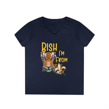 Vibrant Graphic Tee, Ladies' V-Neck T-Shirt, Fun Casual Wear, Perfect for Gifts, Everyday Style, BISH I'M FROM Louisiana