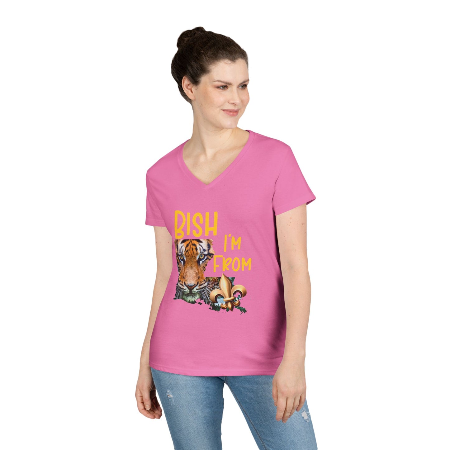 Vibrant Graphic Tee, Ladies' V-Neck T-Shirt, Fun Casual Wear, Perfect for Gifts, Everyday Style, BISH I'M FROM Louisiana