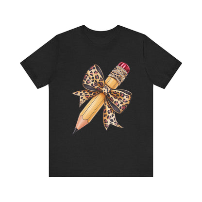 Leopard Bow Pencil Tee - Cute Teacher Gift, Back to School Outfit, Art Lover Shirt, Classroom Apparel, Fun Educational Shirt