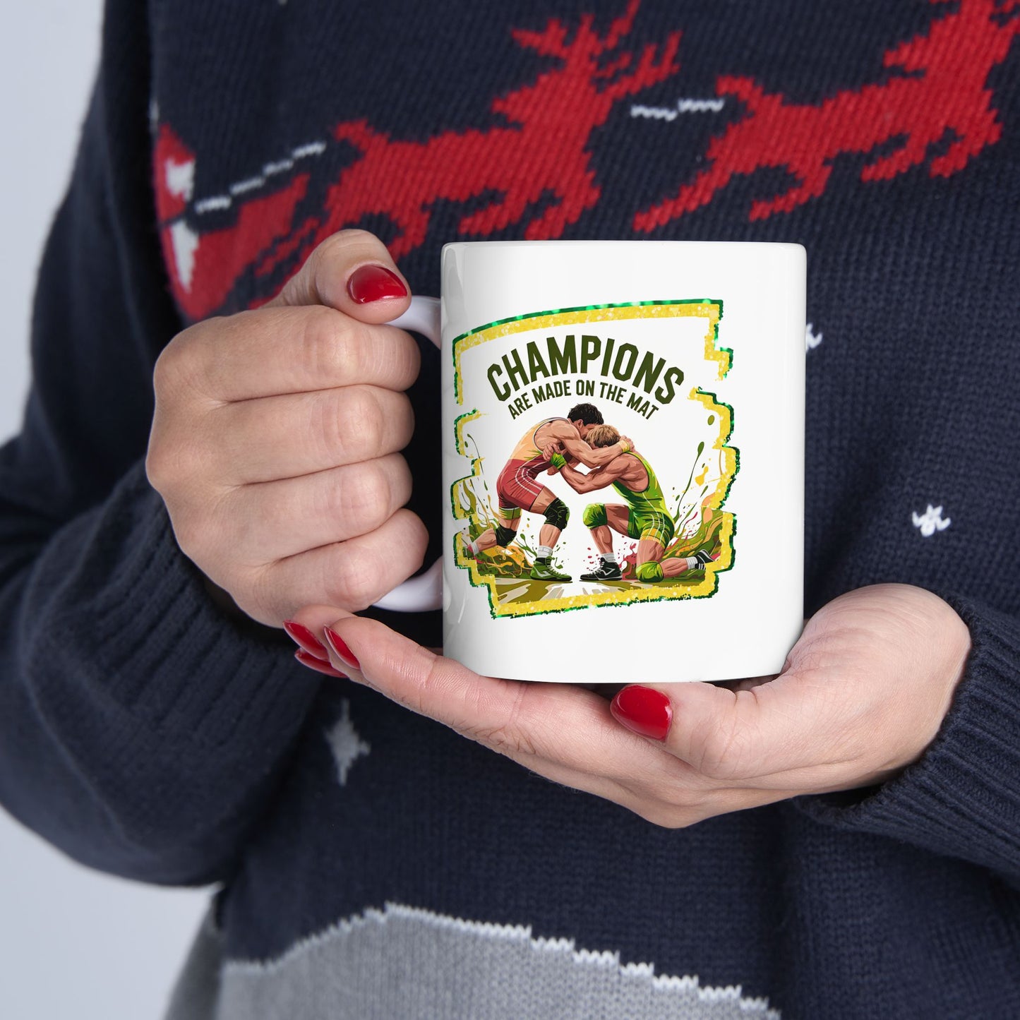 Green and Gold, Wrestling Design on a Ceramic Mug with Fun Design