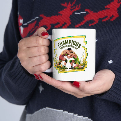 Green and Gold, Wrestling Design on a Ceramic Mug with Fun Design