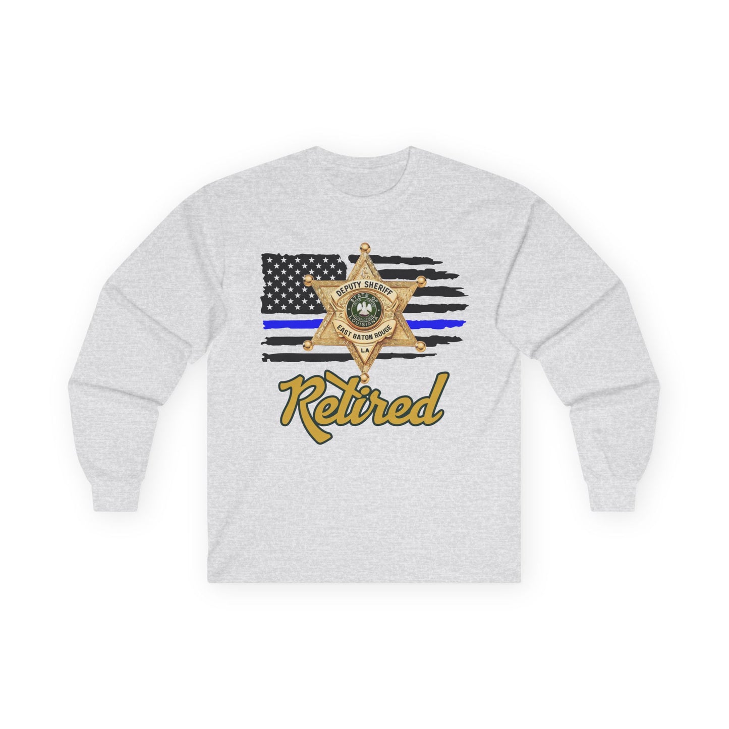 Retired Law Enforcement Long Sleeve Tee, Unisex Police Tribute Shirt, Gift for Retiring Officer, Flag and Badge Design, Comfy Everyday Wear