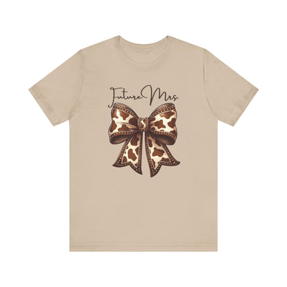 Personalized Future Mrs. Bride Cow Print Bow Short Sleeve Tee, Casual Top, Western Style Shirt, Country Chic T-Shirt, Birthday Gift, Everyday Wear