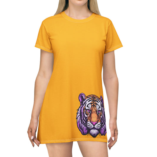 Yellow Tiger Graphic T-Shirt Dress, Cute Casual Dress,  Summer Fashion, Gift for Her, Game Day Outfit