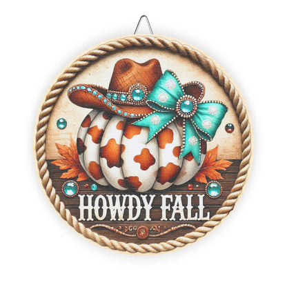 Howdy Fall, Cow Print Pumpkin, with a Cowgirl hat and coquette bow, Country Fall Welcome Door sign, Wooden, Entry Way, Mantle, Home Decor