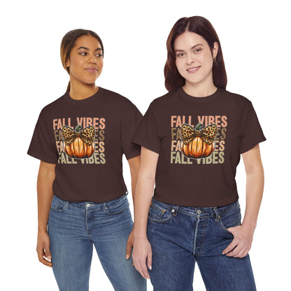 Fall Vibes Unisex Cotton Tee, Autumn Shirt, Pumpkin Graphic Tee, Halloween Apparel, Cozy Fall T-Shirt, Seasonal Outfit, leopard bow