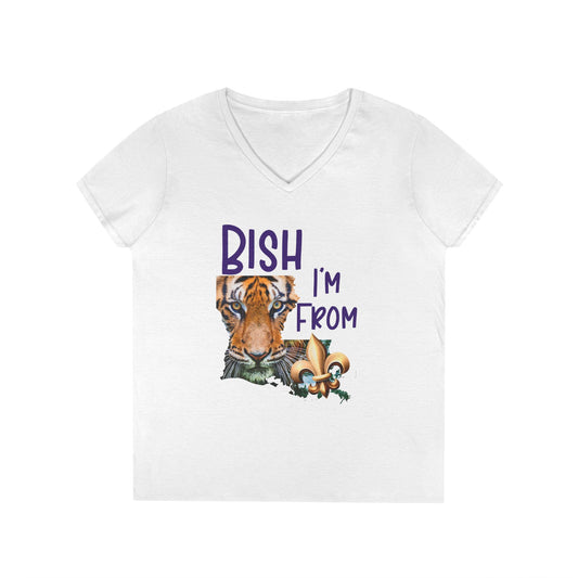 Vibrant Graphic Tee, Ladies' V-Neck T-Shirt, Fun Casual Wear, Perfect for Gifts, Everyday Style, BISH I'M FROM Louisiana