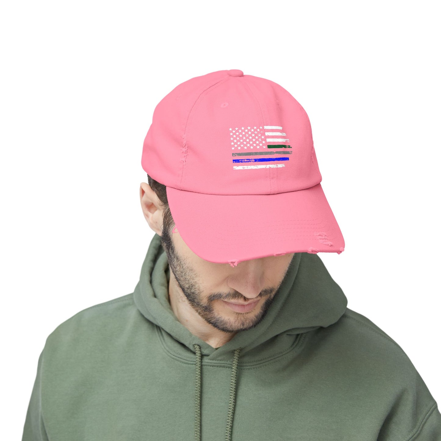 Thin Blue and Thin green Flag, Unisex Distressed Cap, Law Enforcement, Military, hat