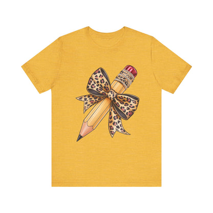 Leopard Bow Pencil Tee - Cute Teacher Gift, Back to School Outfit, Art Lover Shirt, Classroom Apparel, Fun Educational Shirt