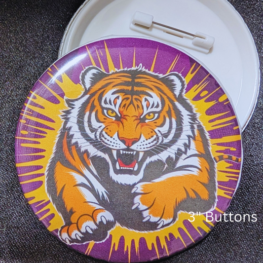 Tiger, purple and gold  3" Buttons, Pin