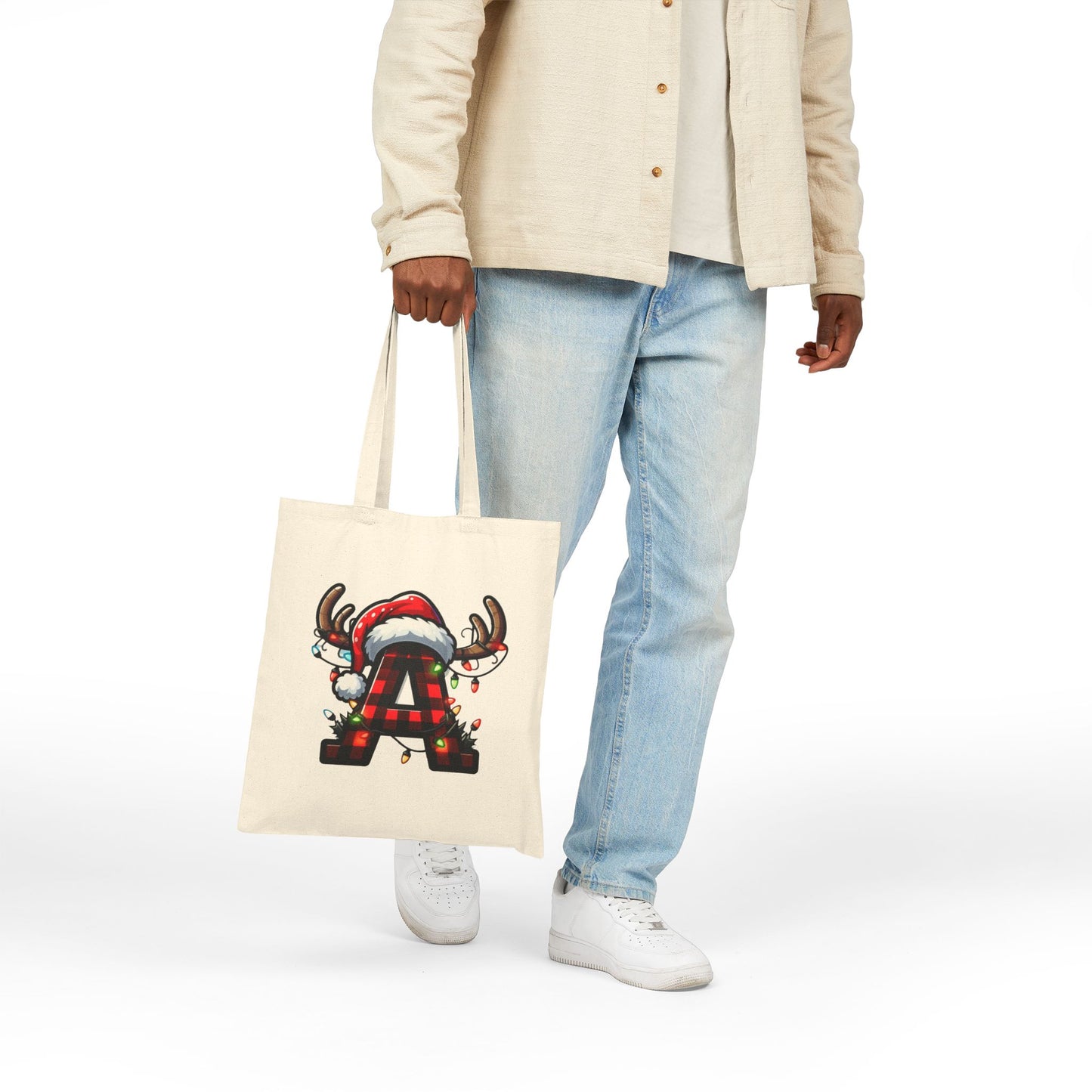 Christmas Monogram A Cotton Canvas Tote Bag, Personalized Holiday Tote, Eco-Friendly Gift, Stylish Shopping Bag, Reusable Christmas Shopper