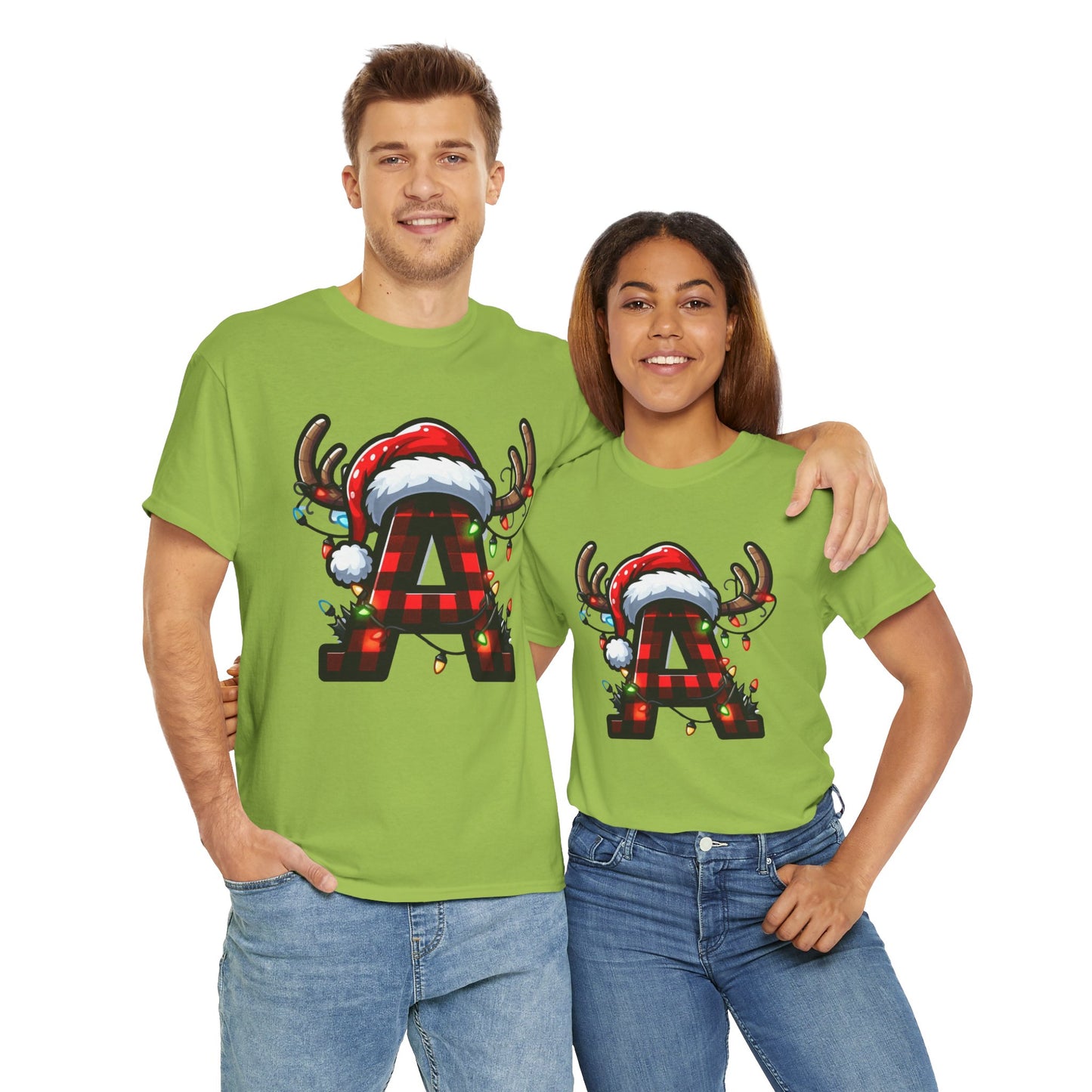 Festive Reindeer Initial A Tee, Unisex Holiday T-Shirt, Christmas Gift, Personalized Apparel, Cozy Winter Wear, Merry & Bright