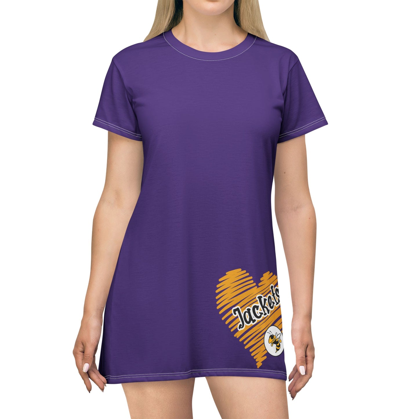 Purple Gold, Heart Jackets Graphic T-Shirt Dress, Cute Casual Dress,  Summer Fashion, Gift for Her, Game Day Outfit