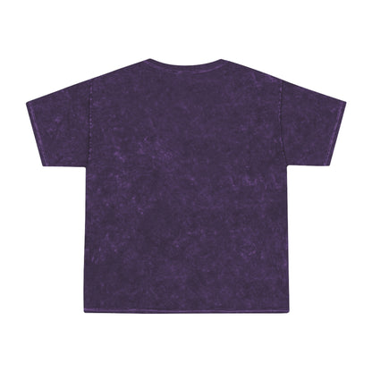 A&A Yellow Logo on a distressed mineral purple crew neck, colortone