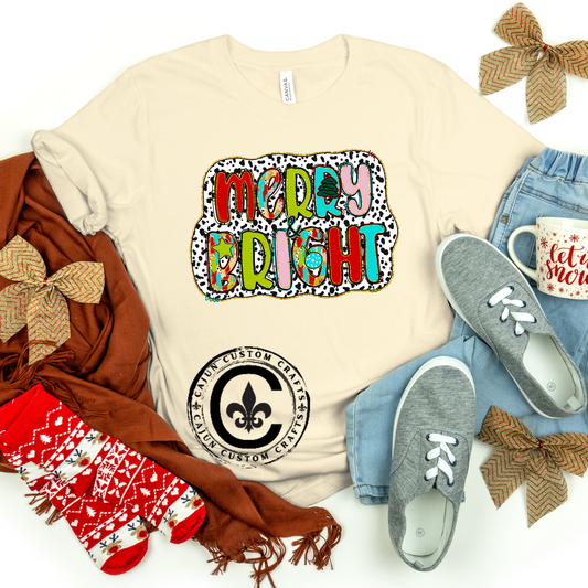 Merry and Bright with a cute cow print background, Christmas design, Bella Canvas Tshirt