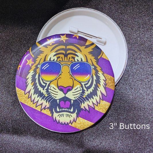 Tiger with sunglasses and flag purple and gold  3" Buttons, Pin