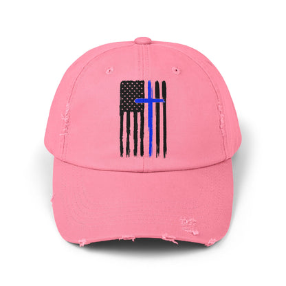 Thin Blue Line, Cross, Flag, Unisex Distressed Cap, Funny Hat, Casual Gift, Everyday Wear, Cool Accessory, Adjustable Cap
