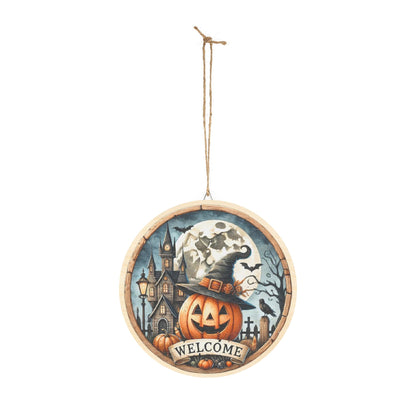 Halloween Welcome wooden door sign, mantle, entry table, decor, Pumpkin and haunted house
