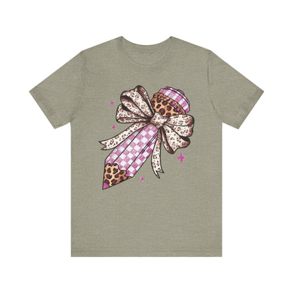 Leopard and pink checkered Bow Pencil Tee - Cute Teacher Gift, Back to School Outfit, Art Lover Shirt, Classroom Apparel, Fun Educational Shirt