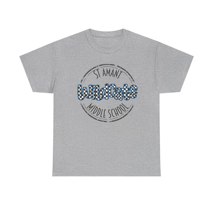 SAMS Wildcats with a black checkered style, Whimsical on a Unisex Tshirt, St Amant Middle School